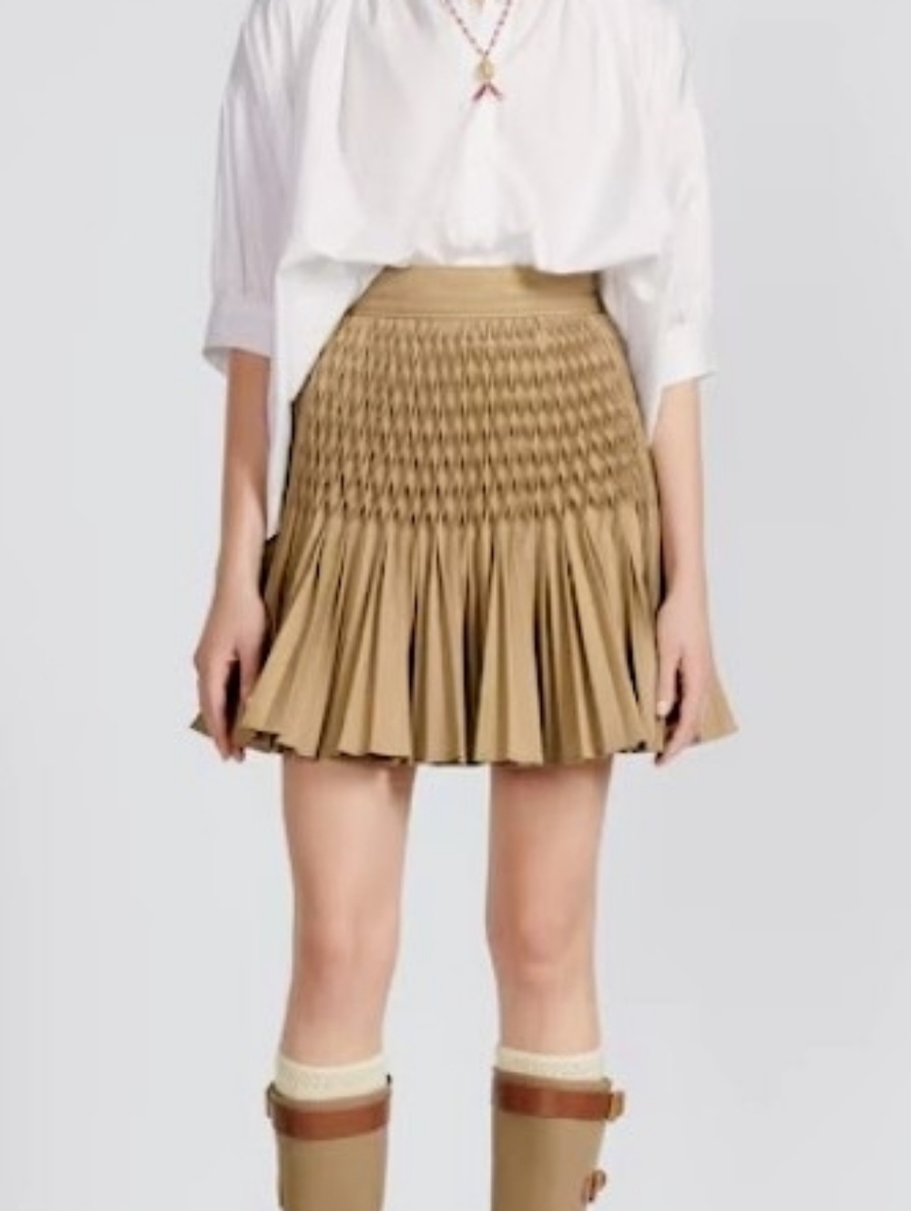 Dior SS 23, Pleated Honeycomb Detail A-Line Skirt - Tan - sz4-100% cotton